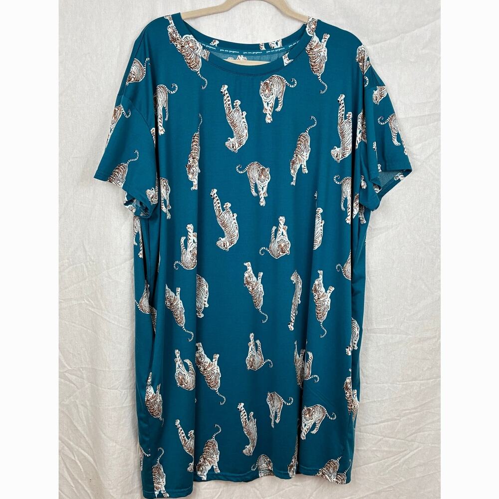 Joyspun Blue Tiger Graphic Sleep Shirt Size 2X Oversized Pockets Comfort Soft